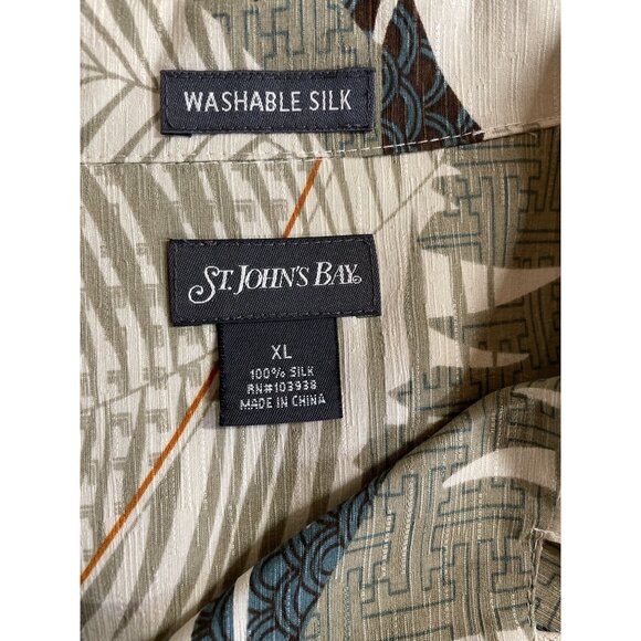 St. John's Bay Mens Size XL Washable Silk Tan Green Tropical Short Sleeve Shirt - Picture 7 of 8